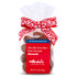 Packaged chocolate almonds with a red decorative bow on top of a transparent plastic bag labeled as &