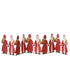 Row of Santa Claus figures holding gold presents on a white background.