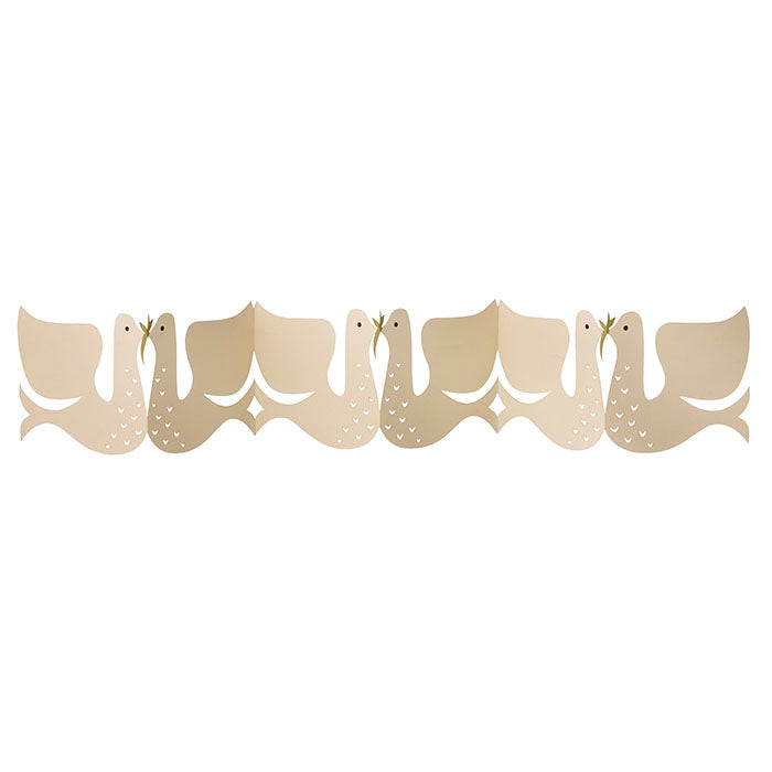 Decorative paper garland cut in the shape of white doves facing each other. 
