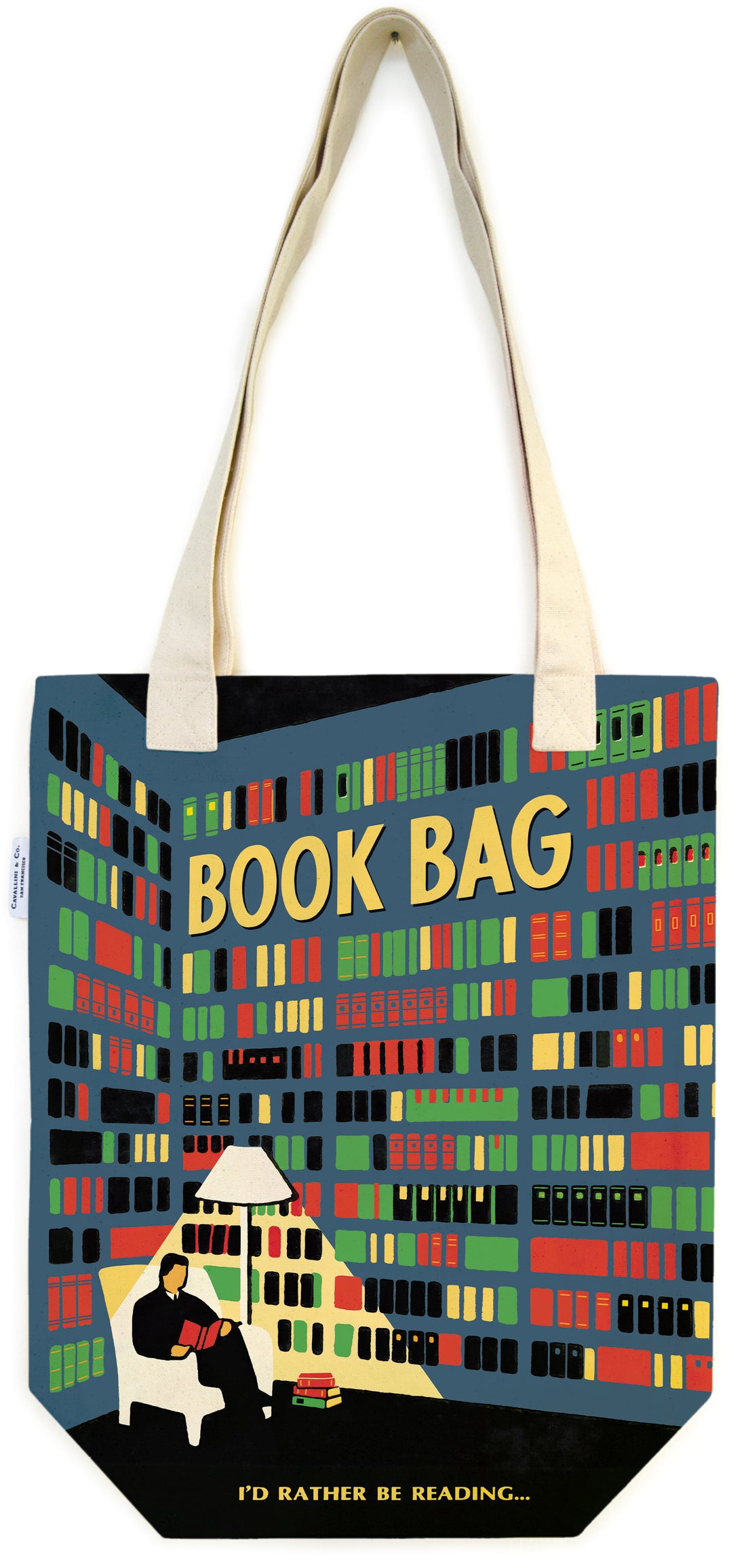 Tote bag with image of a library and a person sitting on a chair reading a book. 