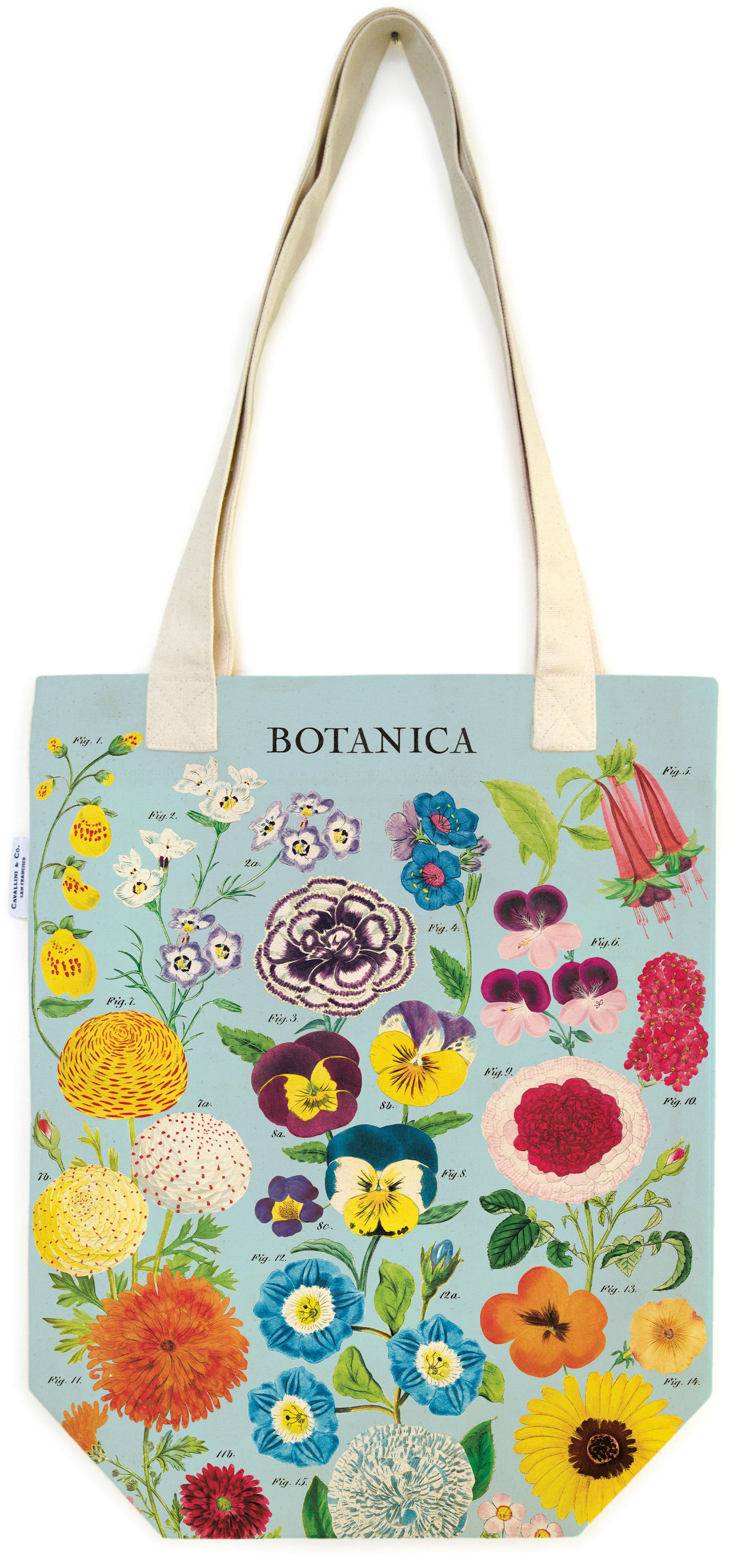 Tote bag with illustration of various botanica printed on it. 