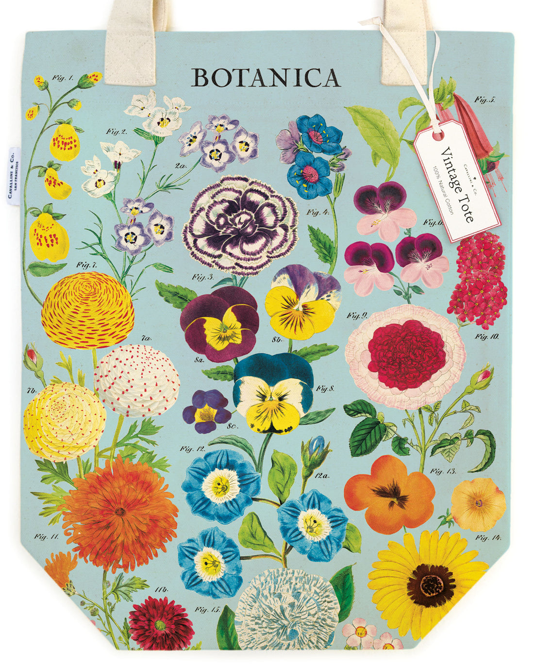 Tote bag with illustration of various botanica printed on it. 