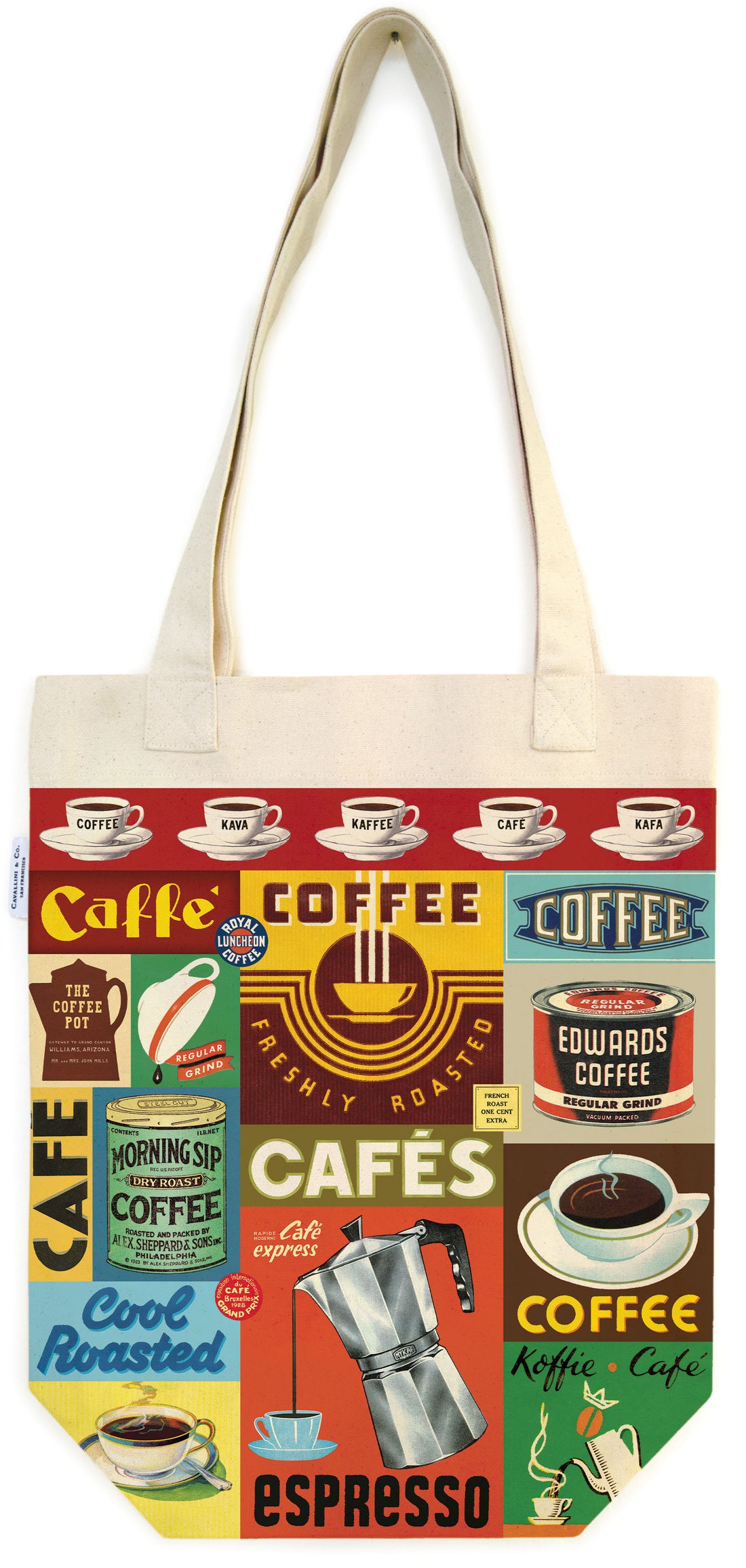 Tote bag with coffee-themed design featuring various coffee-related graphics and text.