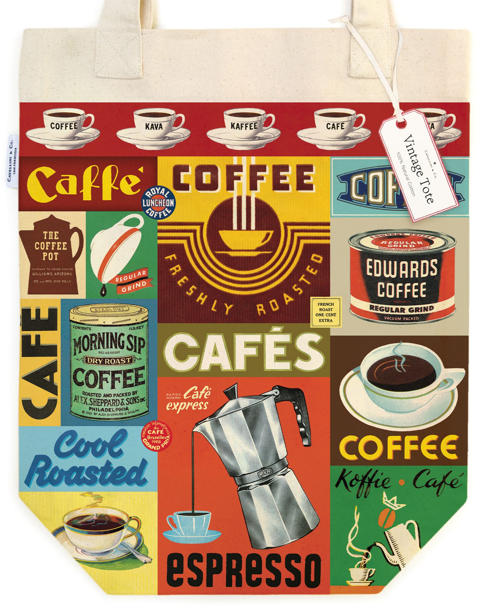Tote bag with vintage coffee-themed graphics and text and a hang tag.