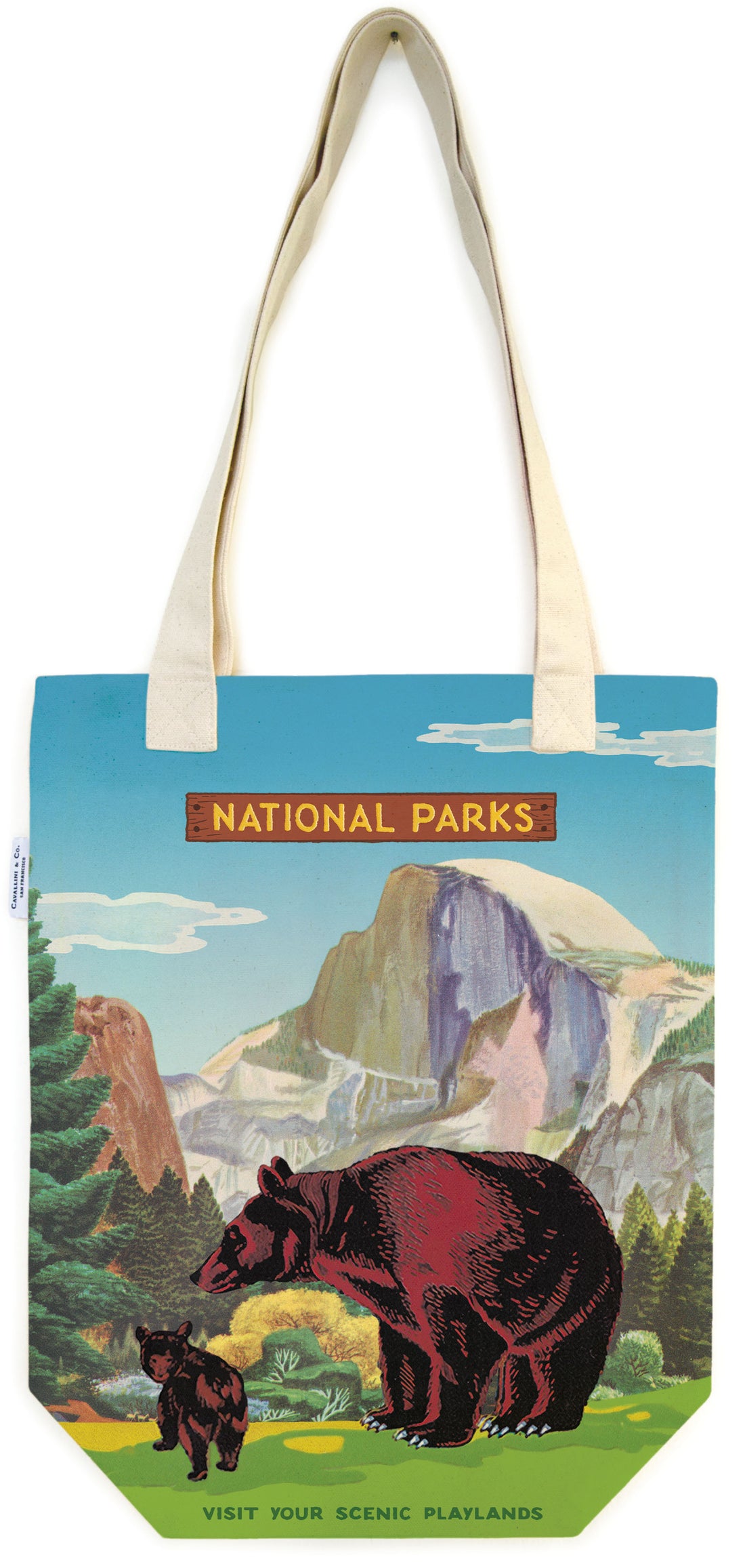 Tote bag with image of a national park in the background and a bear and its cub in the foreground that says National Parks above. 