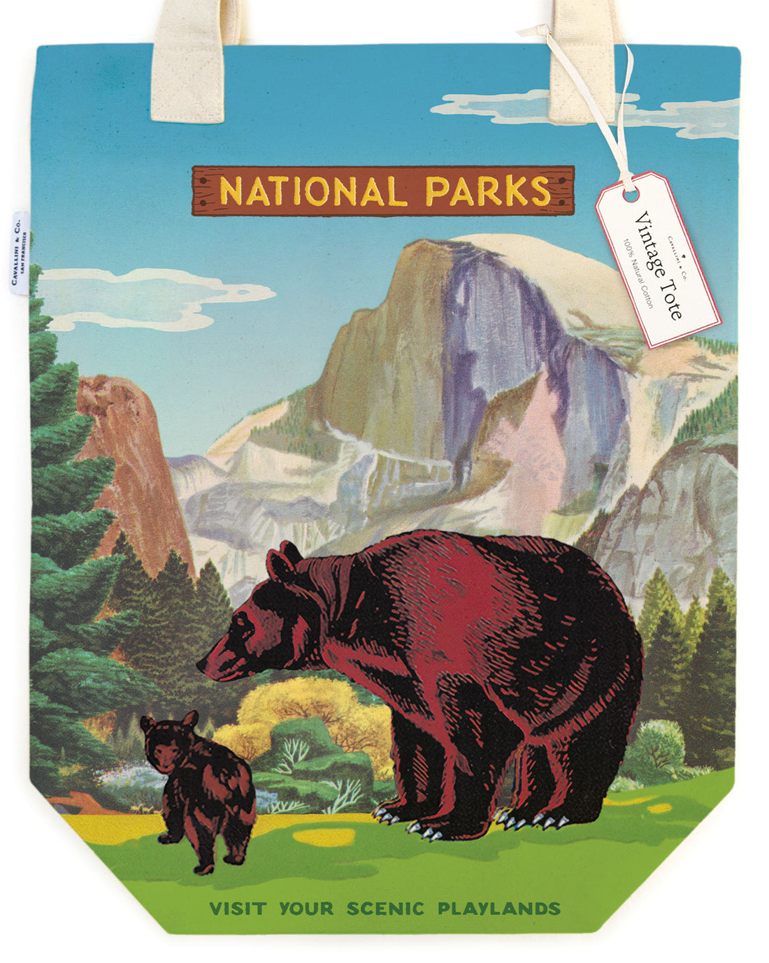 Tote bag with image of a national park in the background and a bear and its cub in the foreground that says National Parks above. 