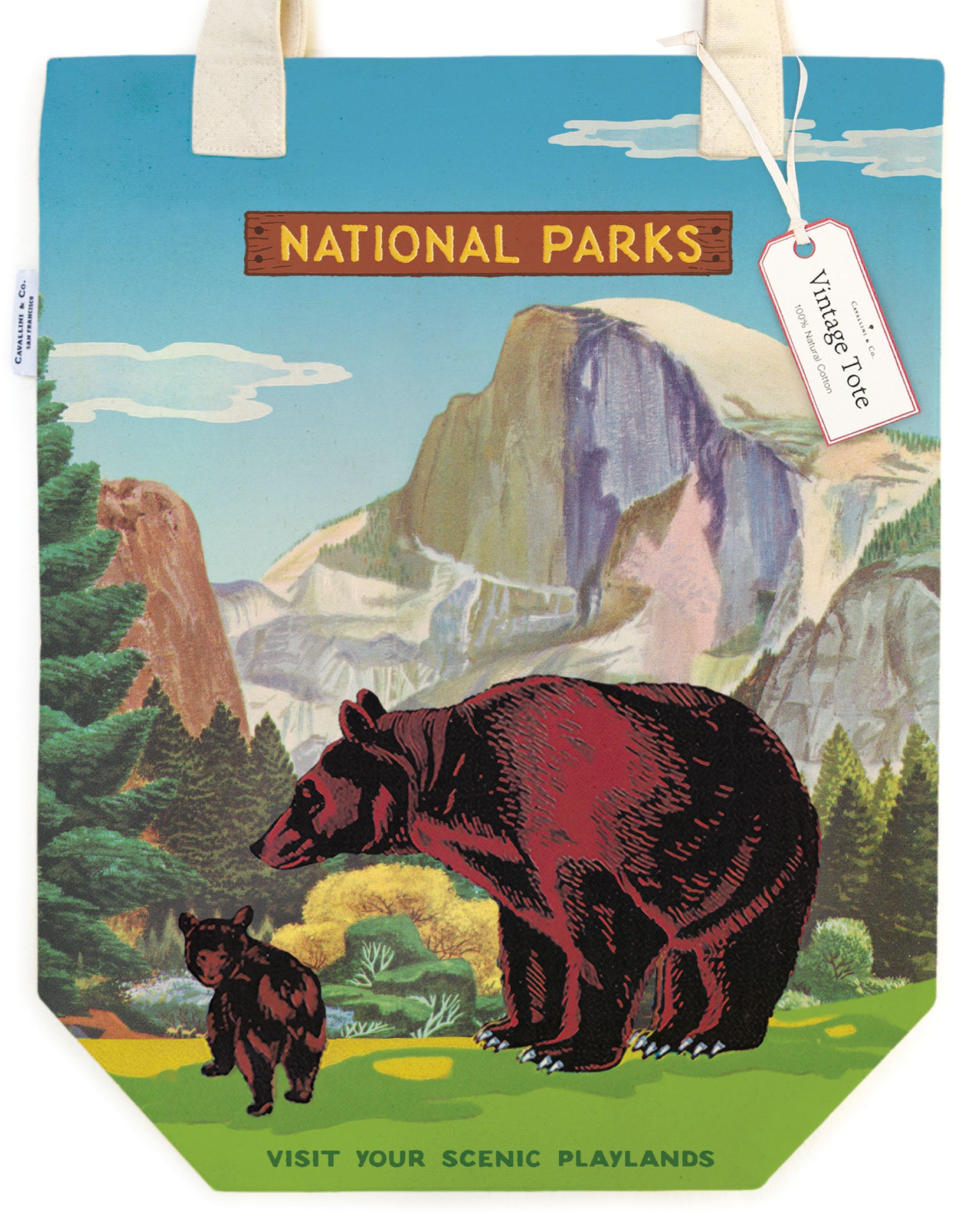 Tote bag with image of a national park in the background and a bear and its cub in the foreground that says National Parks above. 
