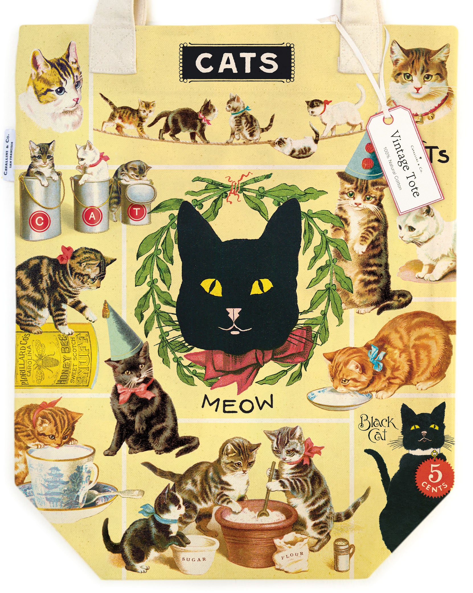 Tote bag with cat-themed design featuring a black cat in the center.