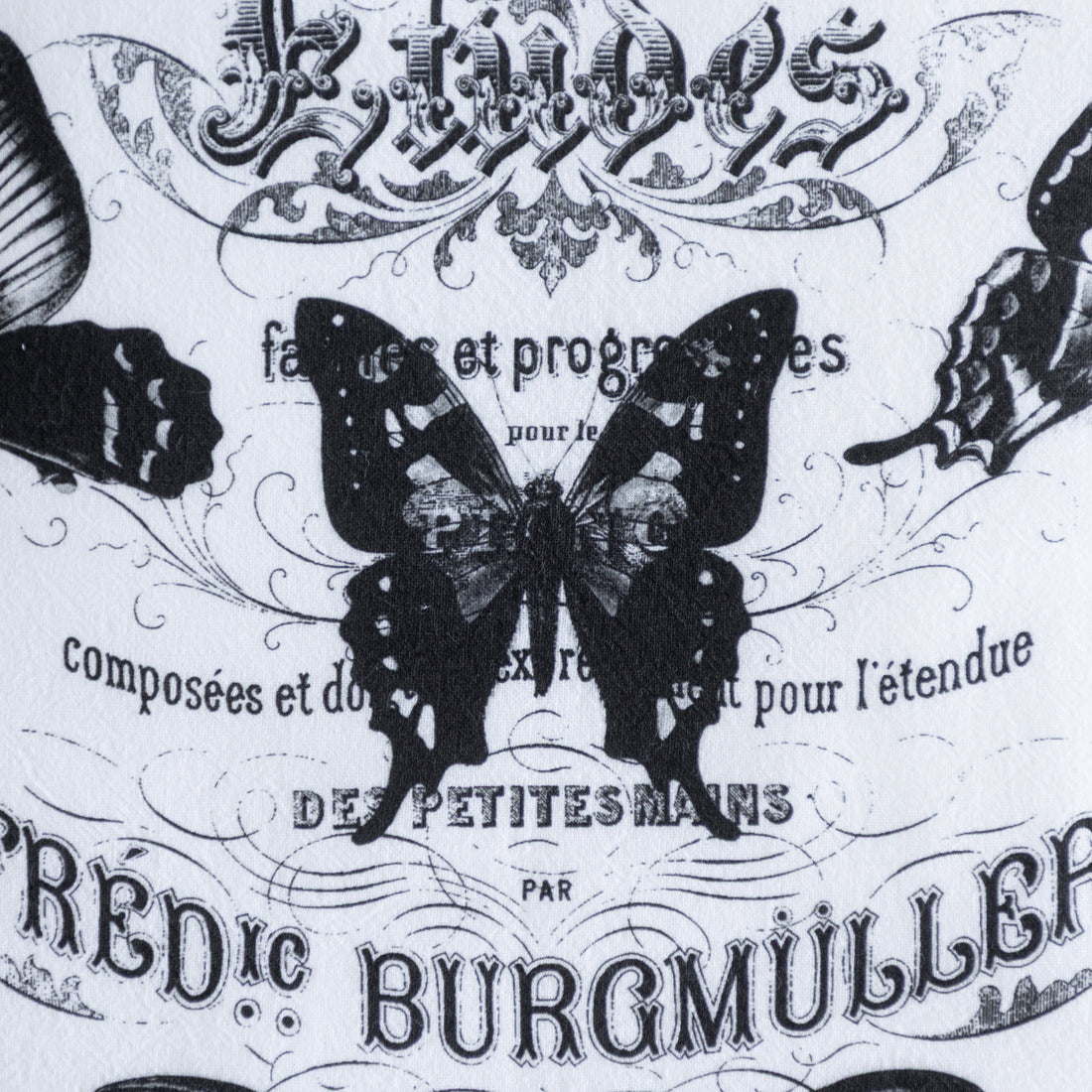 Close up of the Butterflies French Cotton Tea Towel showing a butterfly design with vintage text and decorative elements.