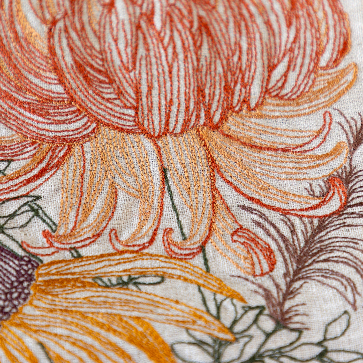 Close-up of embroidered floral pattern with orange and red flowers on a beige background.
