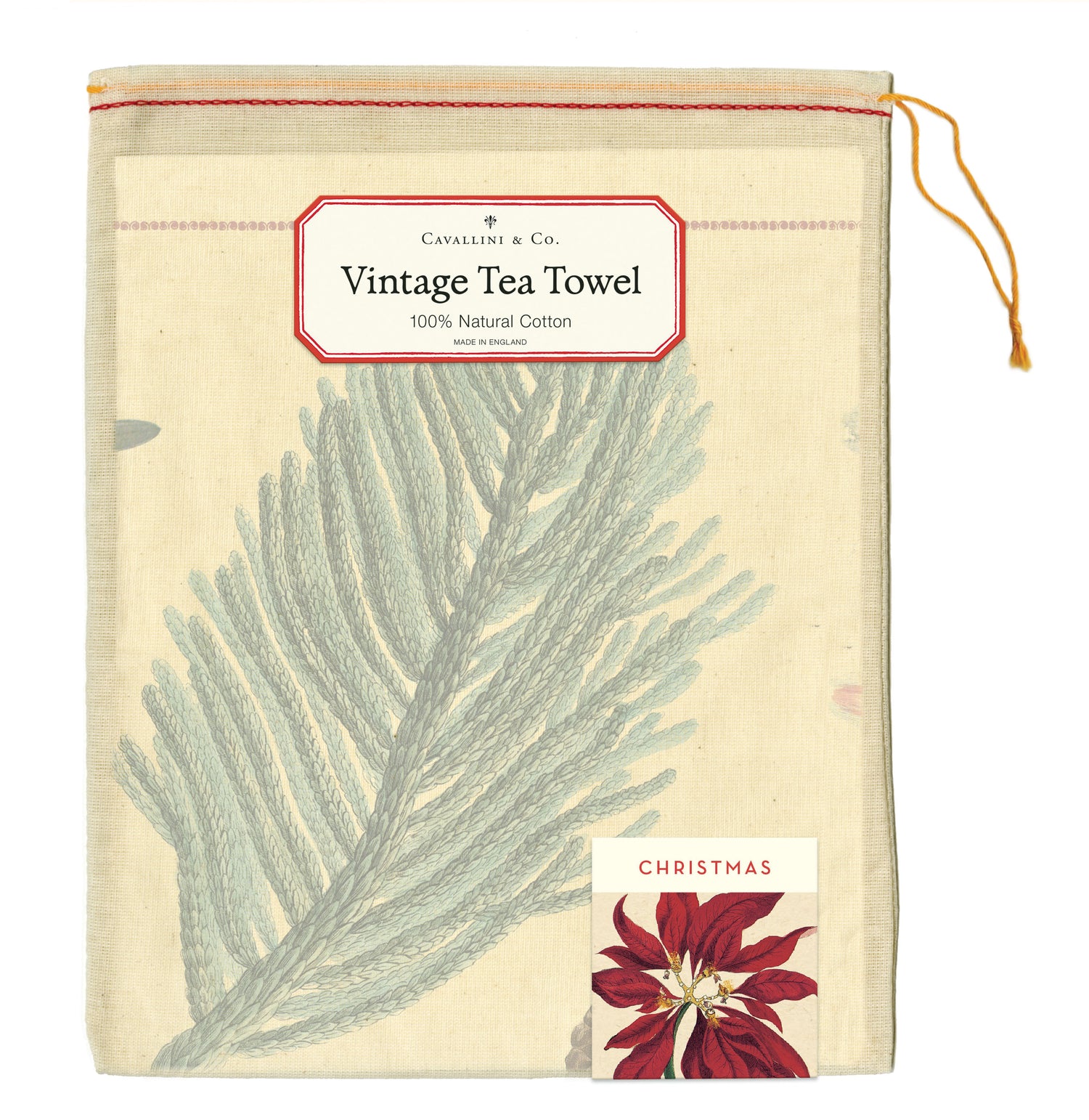 Botanical Christmas tea towel featuring poinsettias and pine cones by Cavallini Papers &amp; Co, packaged in a drawstring muslin bag.