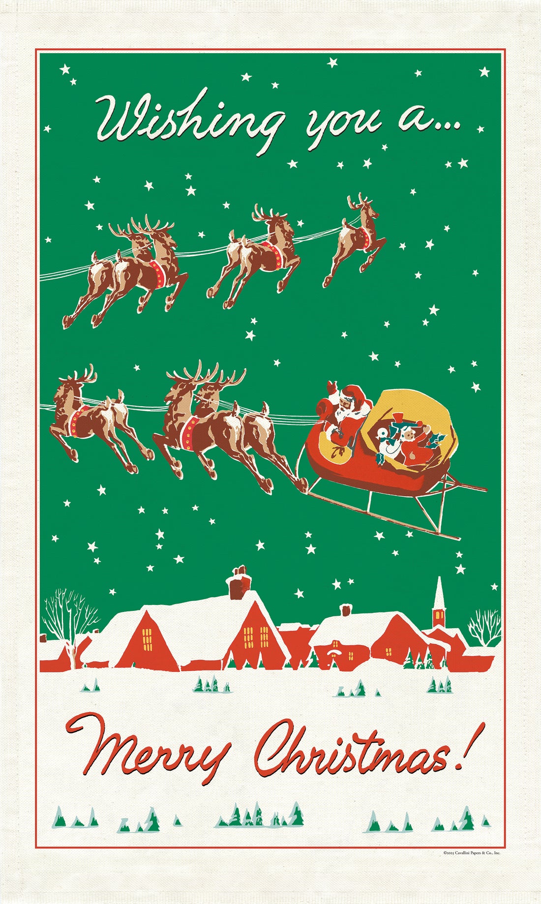 Vintage-style Christmas card with Santa Claus in a sleigh pulled by reindeer, over a snowy village scene.