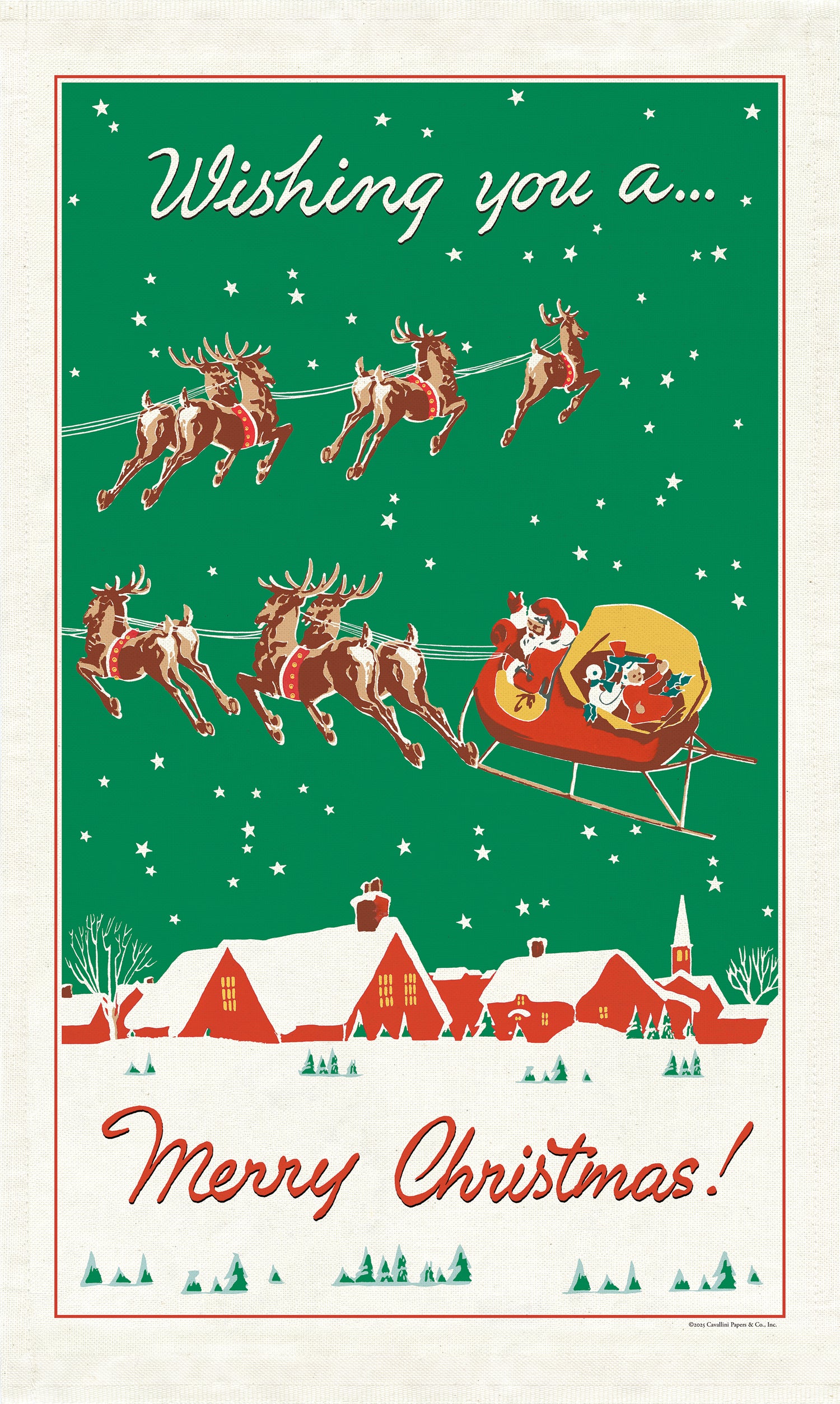 Vintage-style Christmas card with Santa Claus in a sleigh pulled by reindeer, over a snowy village scene.