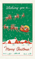 Vintage-style Christmas card with Santa Claus in a sleigh pulled by reindeer, over a snowy village scene.