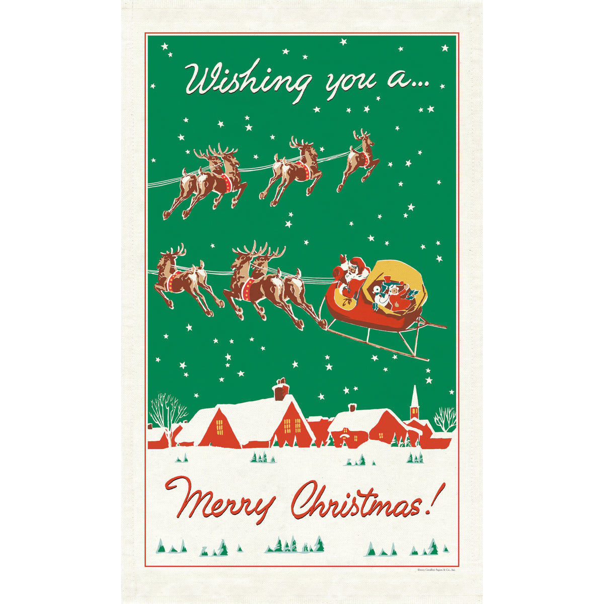 Vintage-style Christmas card with Santa Claus in a sleigh pulled by reindeer, over a snowy village scene.
