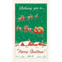 Vintage-style Christmas card with Santa Claus in a sleigh pulled by reindeer, over a snowy village scene.