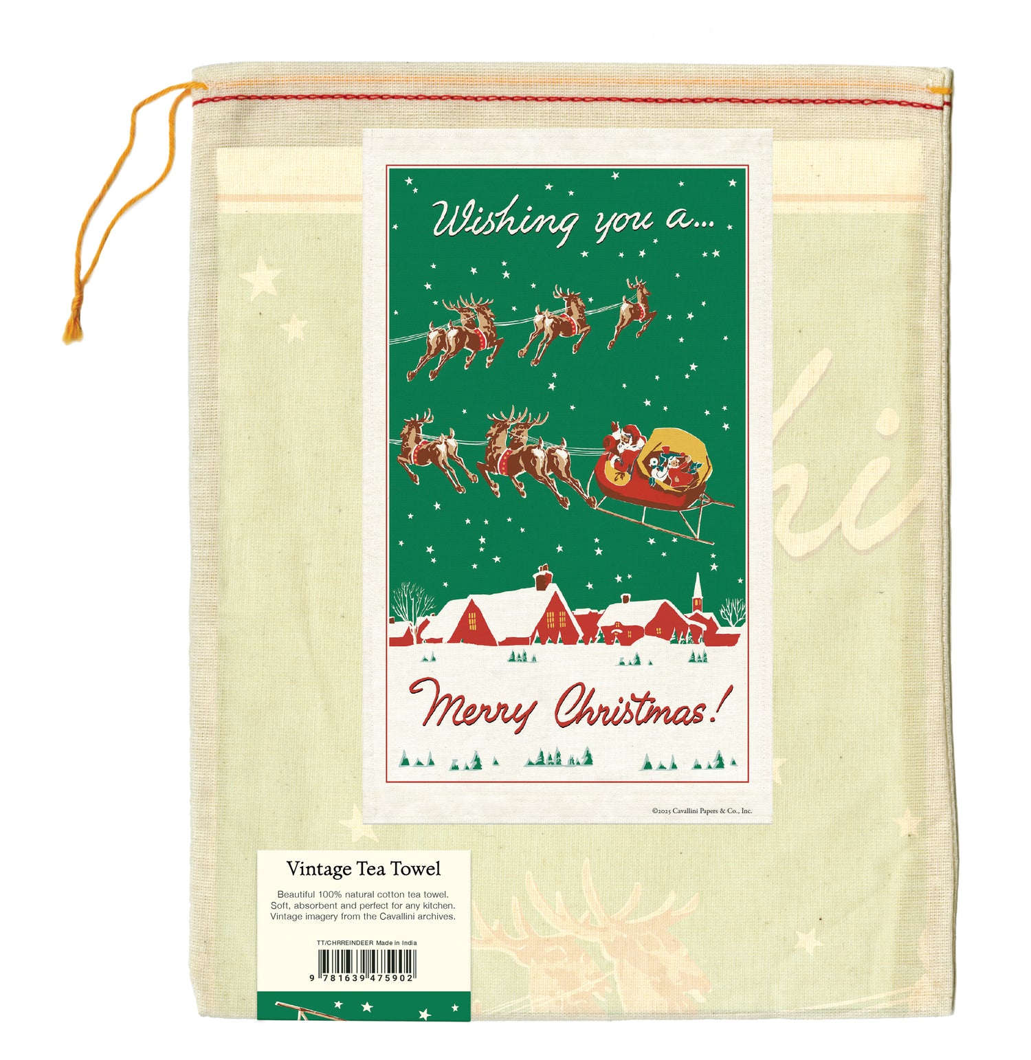Vintage-style Christmas tea towel with Santa Claus and reindeer design on a green background.