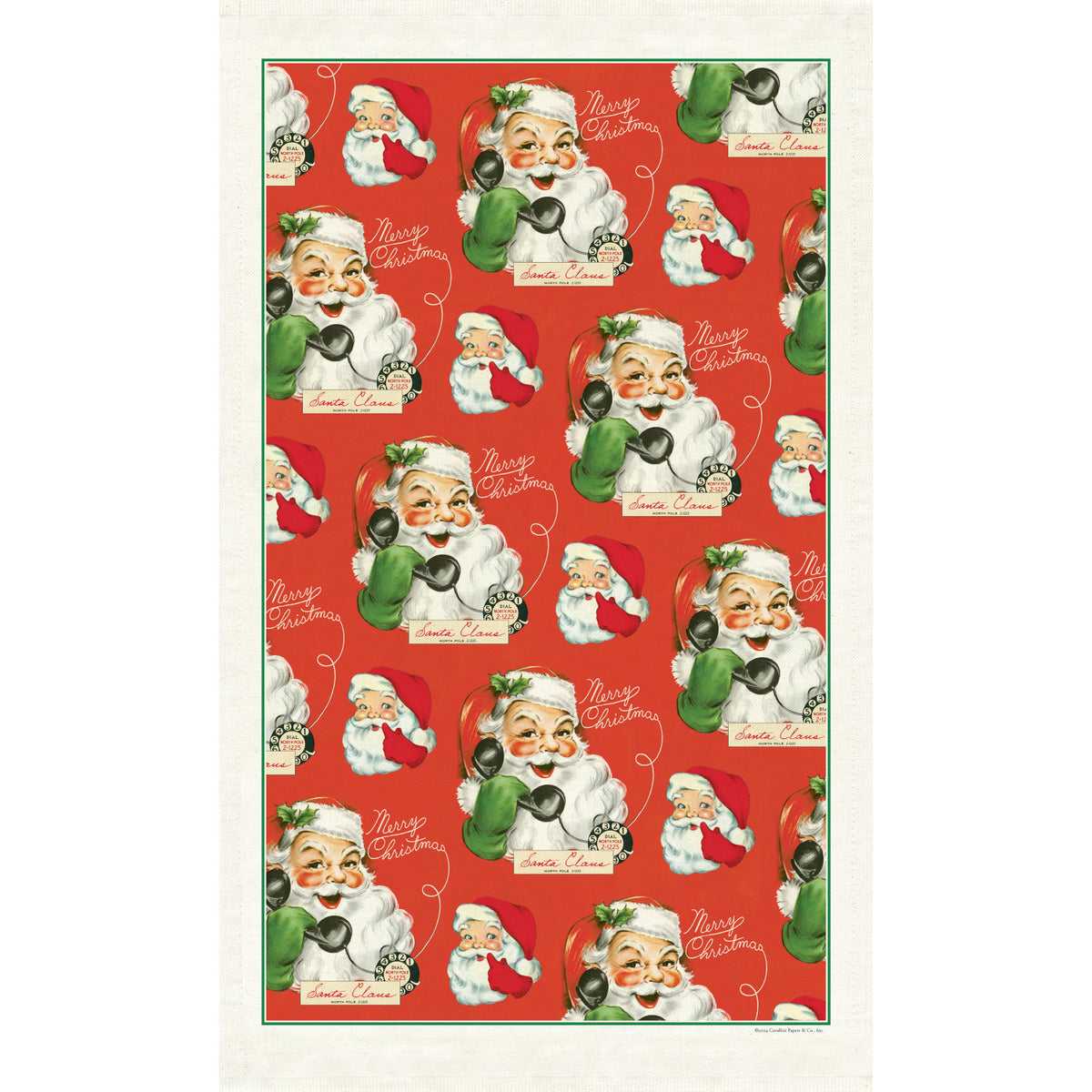 Tea towel by Cavallini with an illustration of a vintage-style Santa Claus holding a phone  on a red background. 