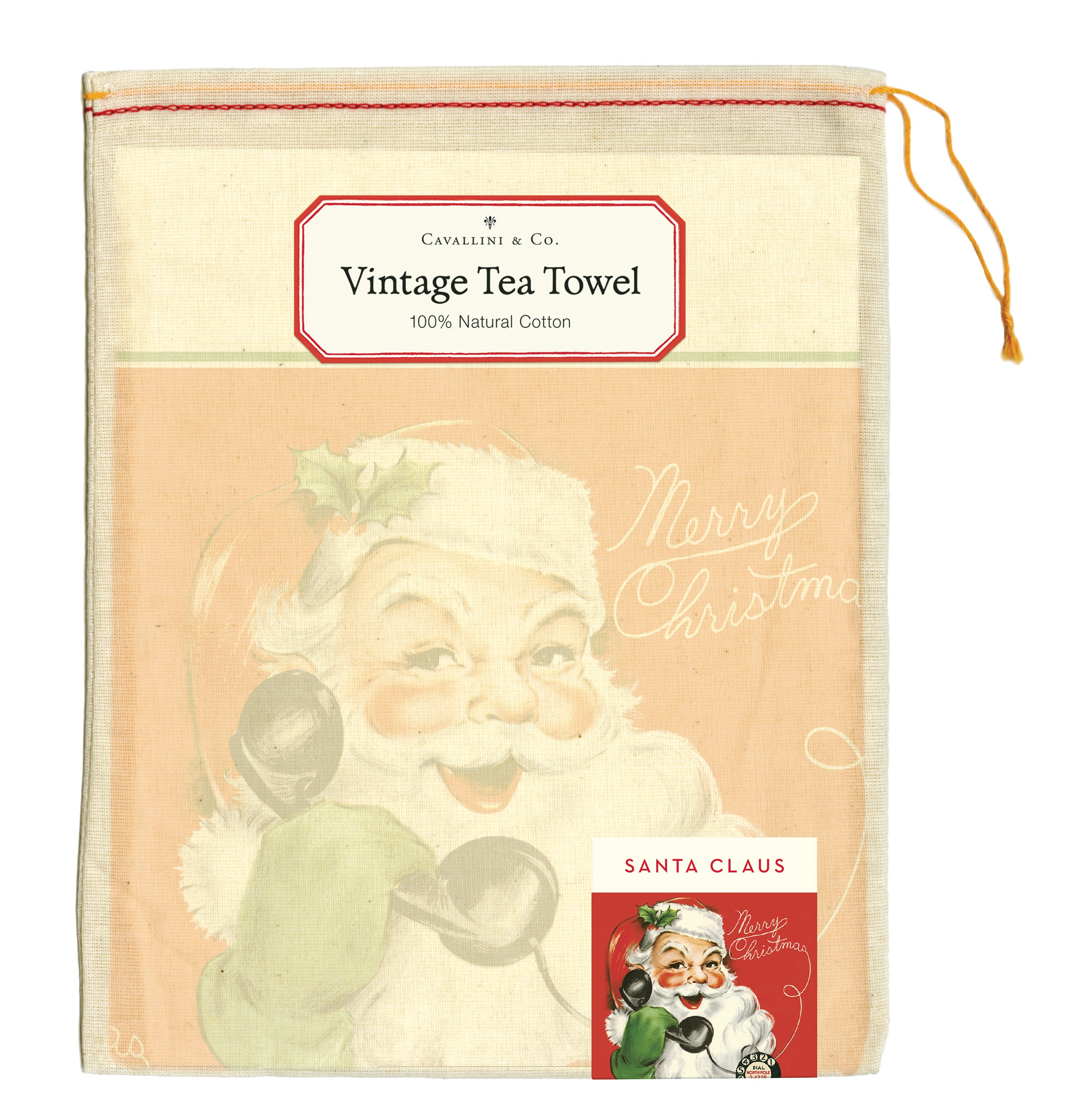 Vintage-style tea towel with Santa Claus design and Cavallini &amp; Co. branding.