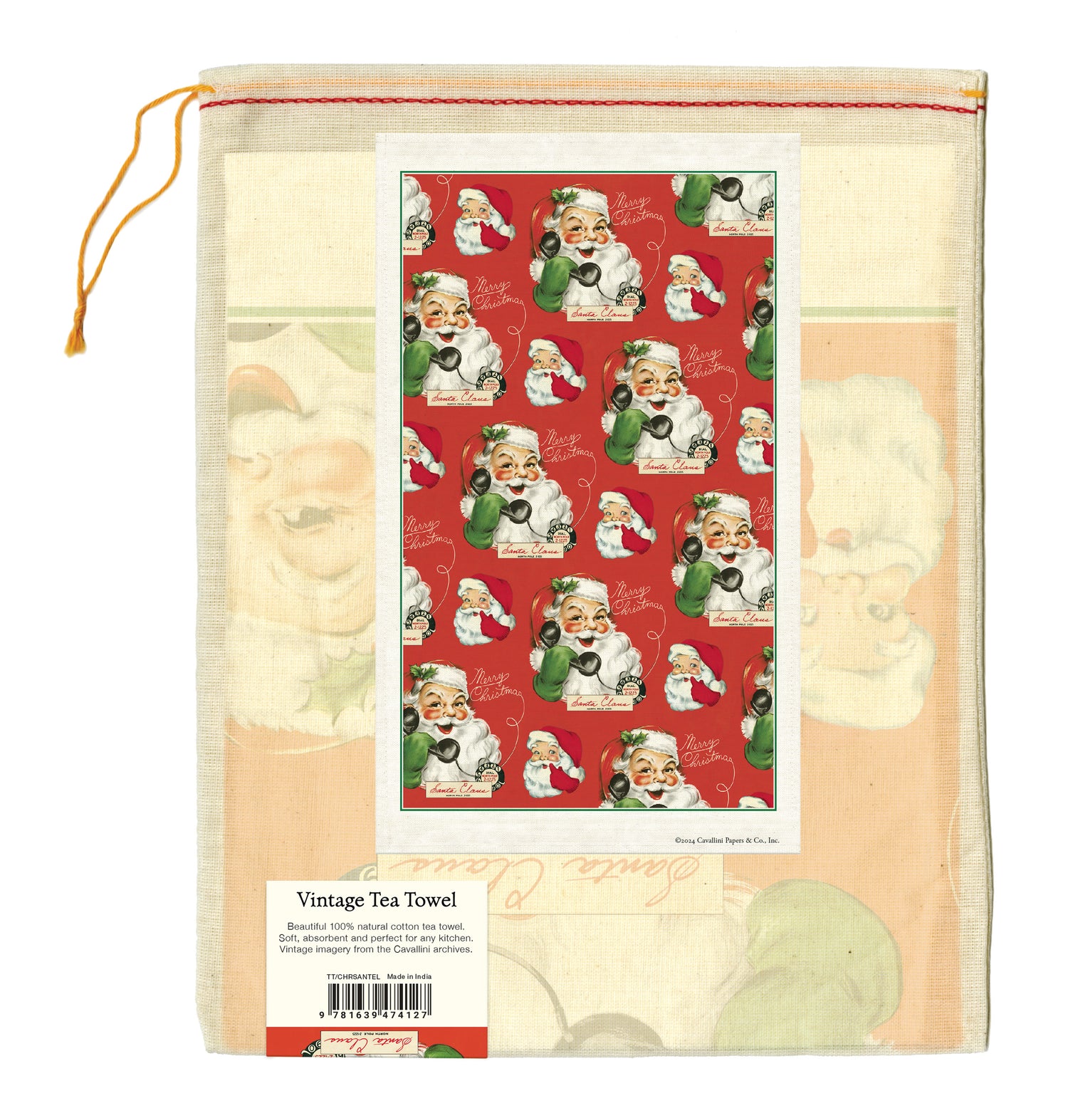 Vintage-themed tea towel with a red background featuring illustrations of Santa Claus.