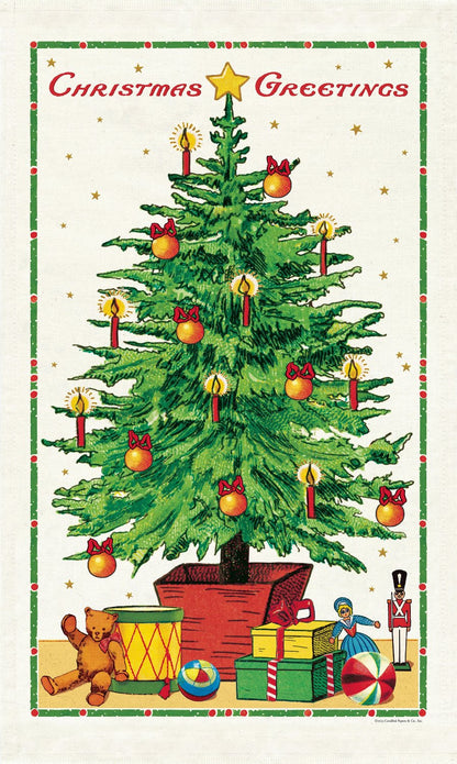 Tea Towel with Christmas Tree printed on it with various gifts under it