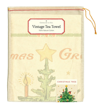 Front of linen back with Christmas Tree Tea Towel in it