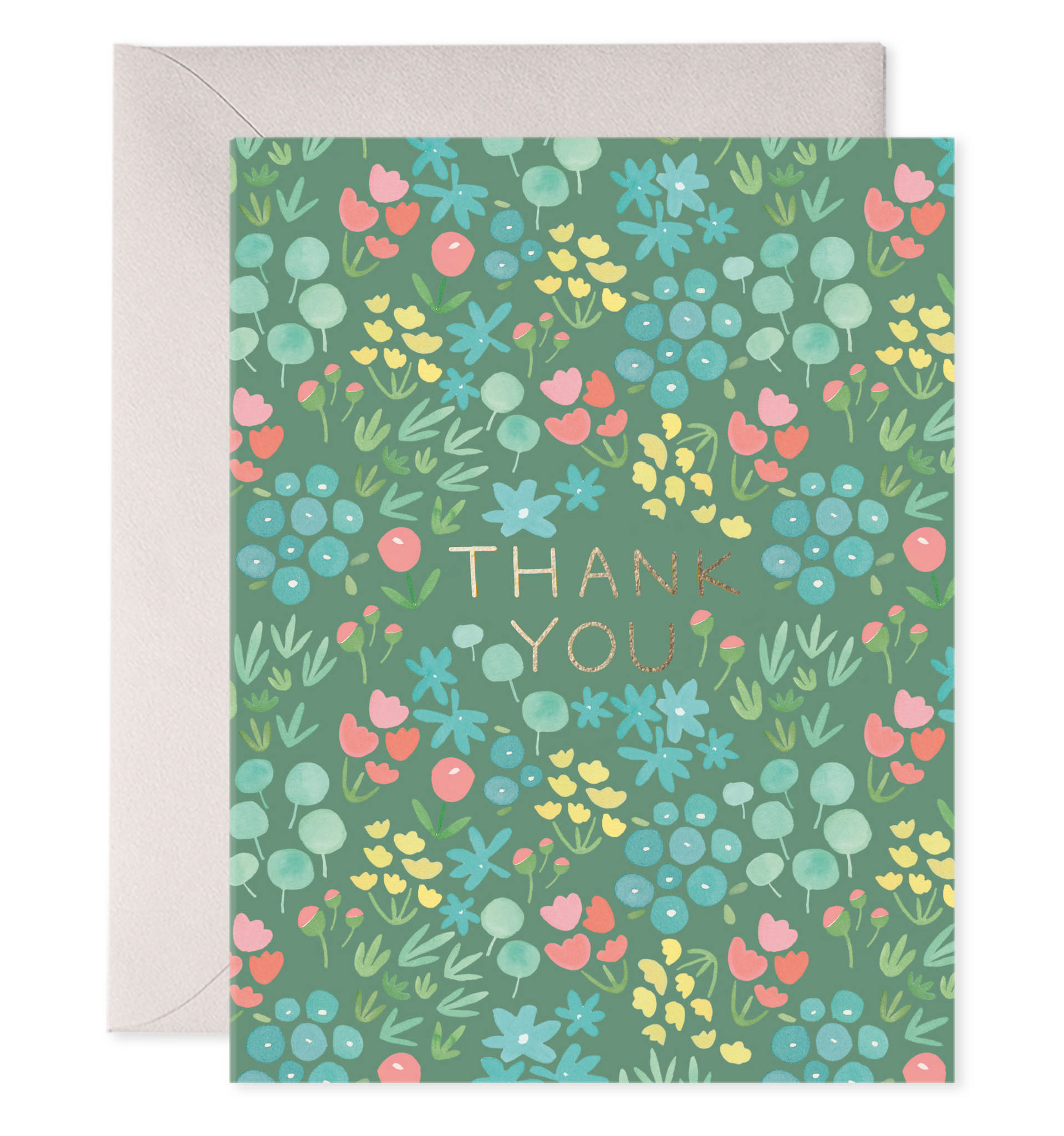 Green card with various illustrated flowers on it with thank you printed in gold foil