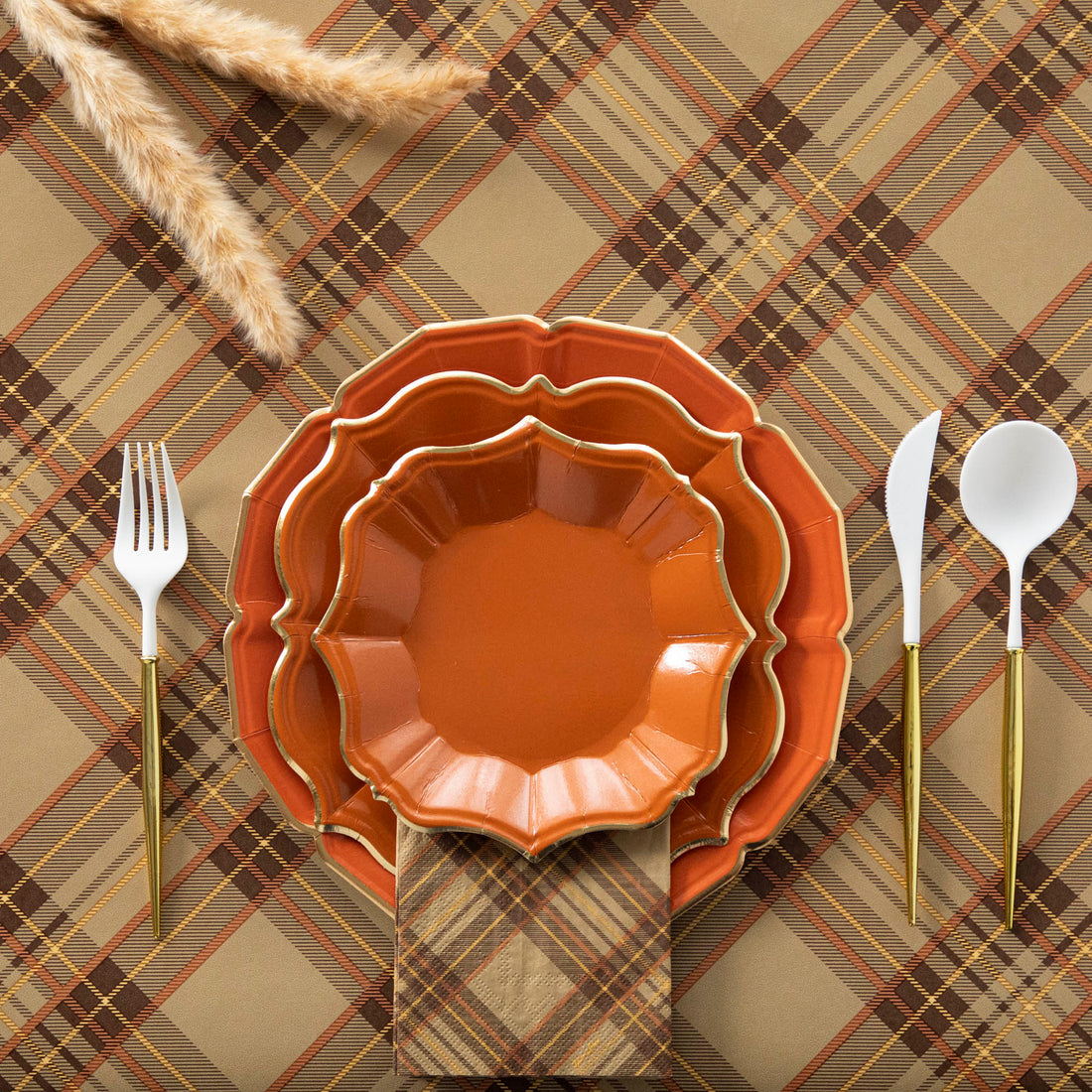 Terracotta Scalloped Plates with Gold Rim