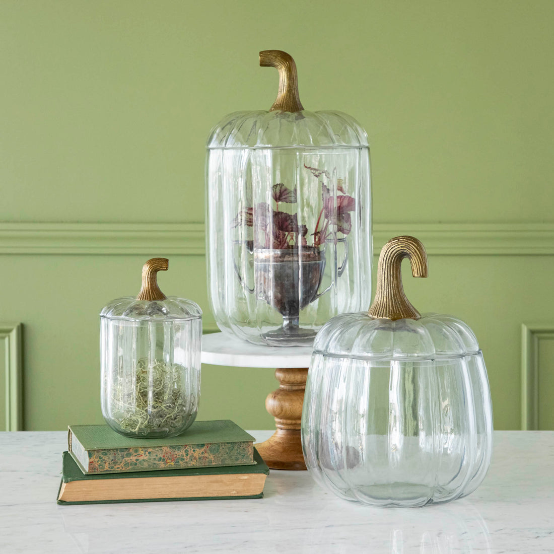 Three assorted sizes of Translucent Pumpkin Terrariums, with plants inside, stacked on books and a cake stand, against a green background.