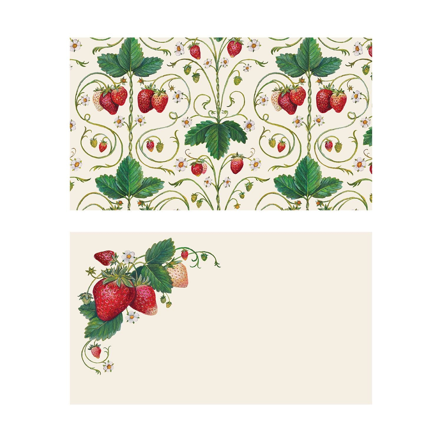 Two illustrated note card designs on a cream background. The top card features an elegant, symmetrical pattern of climbing strawberry vines with ripe red strawberries, green leaves, and delicate white blossoms. The bottom card has a clean layout with a cluster of sweet red strawberries, green leaves, and vines tucked into the left-hand corner, leaving the rest of the space open.
