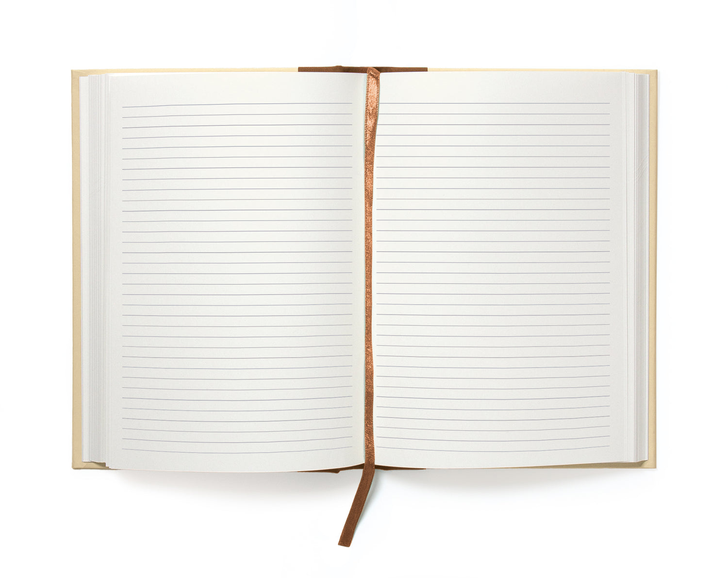Open notebook with lined pages on a white background.