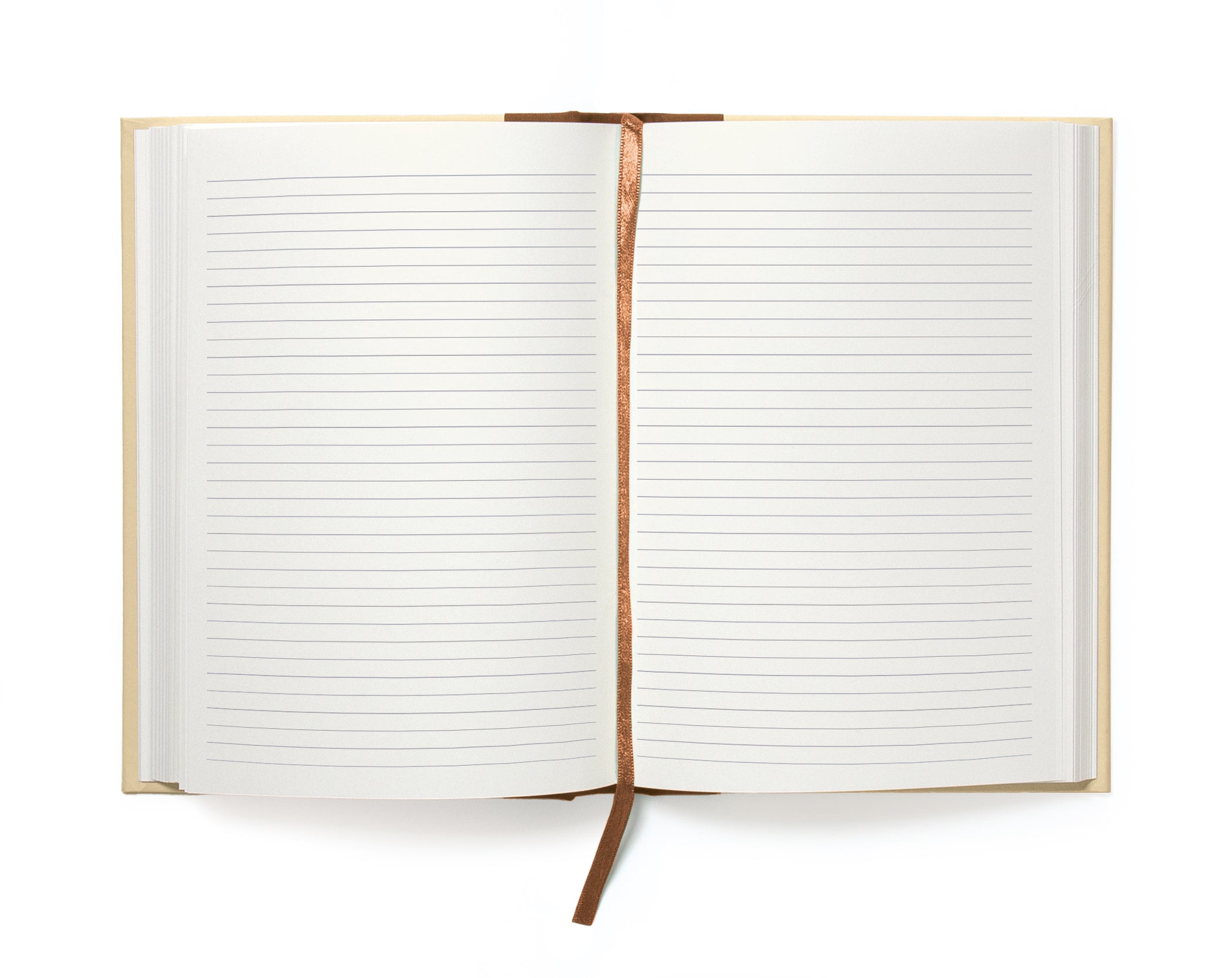 Open notebook with lined pages on a white background.