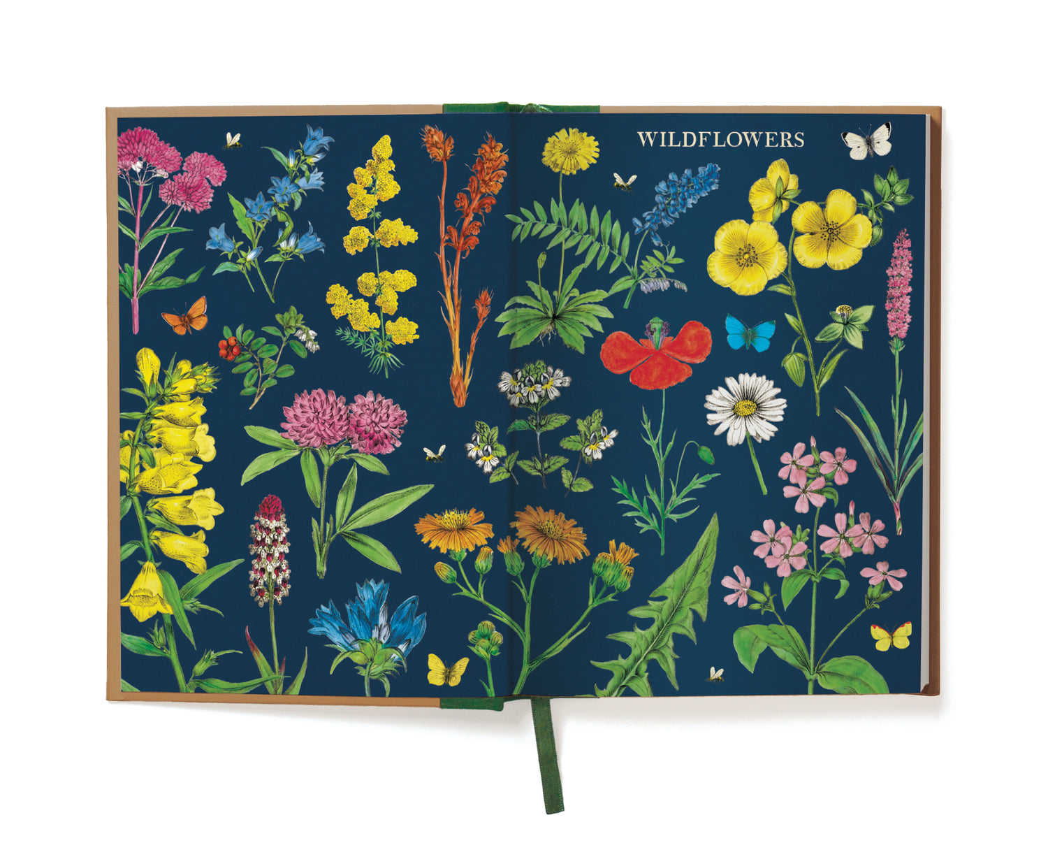 Notebook with a colorful wildflower design on a dark blue background.