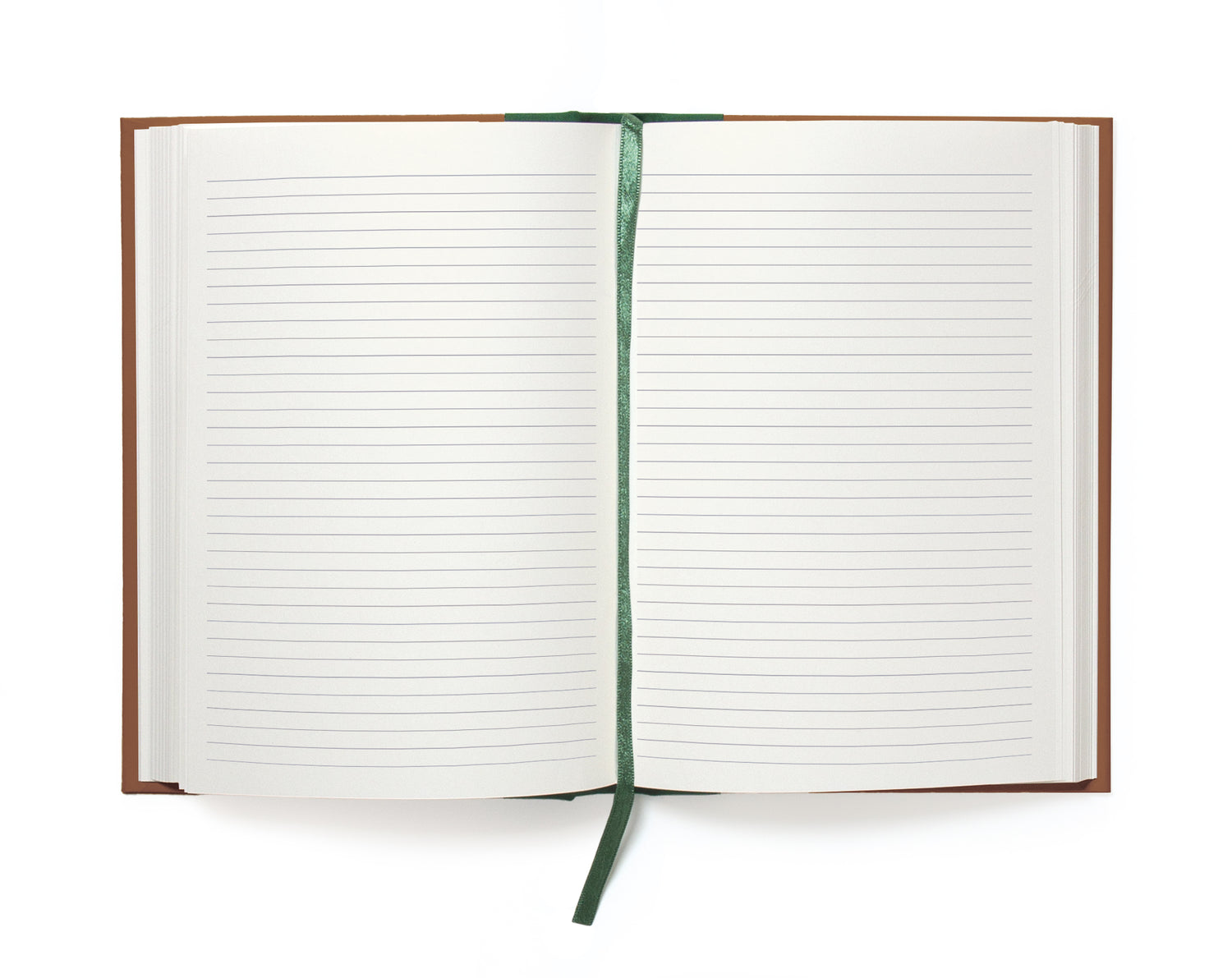 Open notebook with lined pages and a green ribbon on a white background.