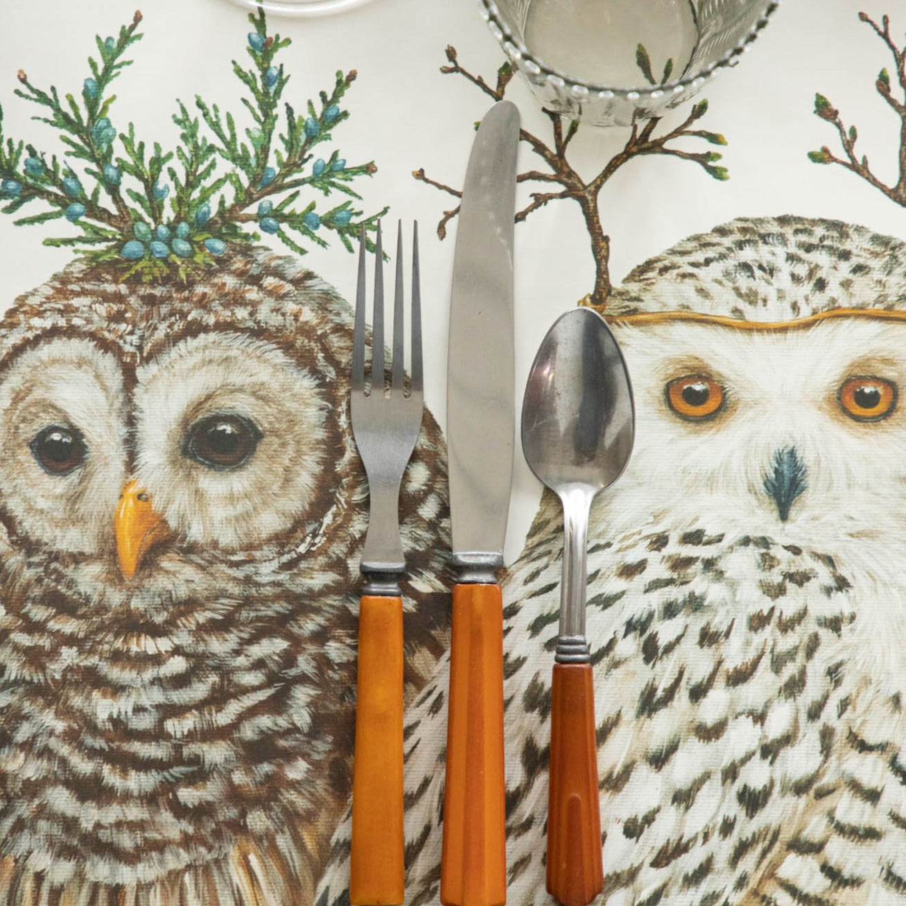 Winter Owls Placemat with brown handled silverware on top.