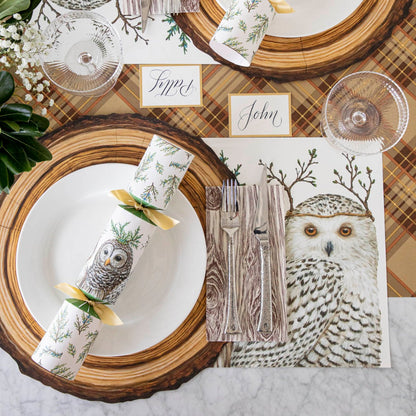 Table setting featuring a Winter Owls Cracker on a white plate, on top of a Die-cut Wood Slice Placemat and Winter Owls Placemat with an Autumn Plaid Runner underneath.