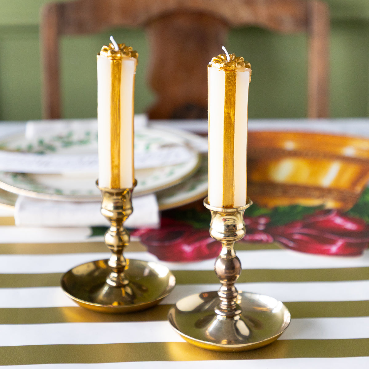 Unscented Cream &amp; Gold Present Shaped Taper Candles Set of 2