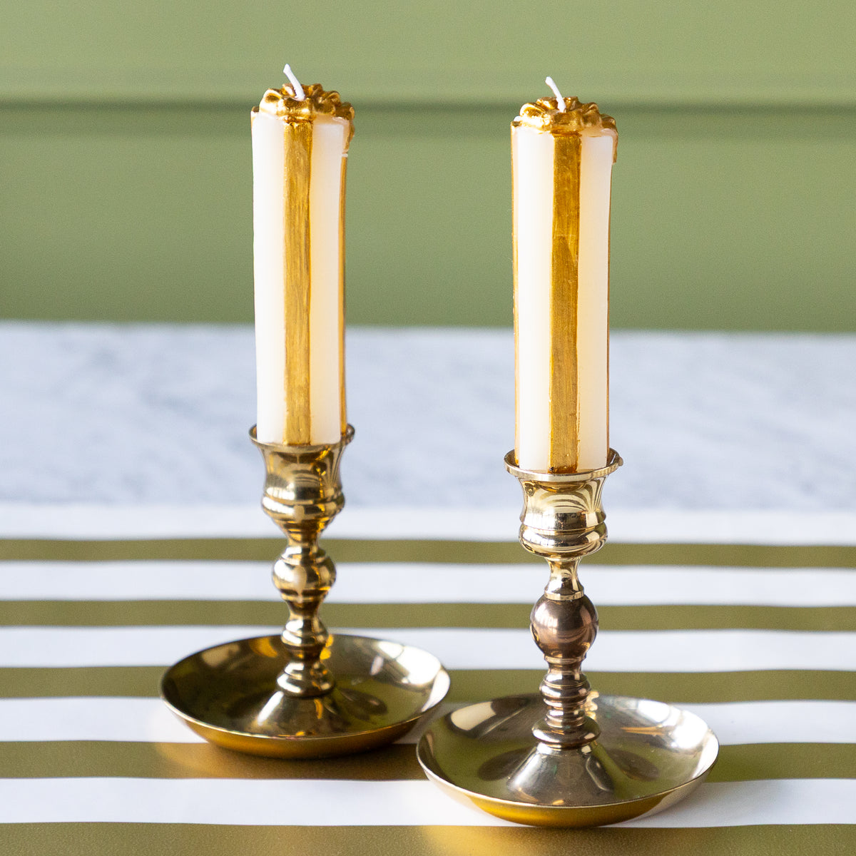 Unscented Cream &amp; Gold Present Shaped Taper Candles Set of 2