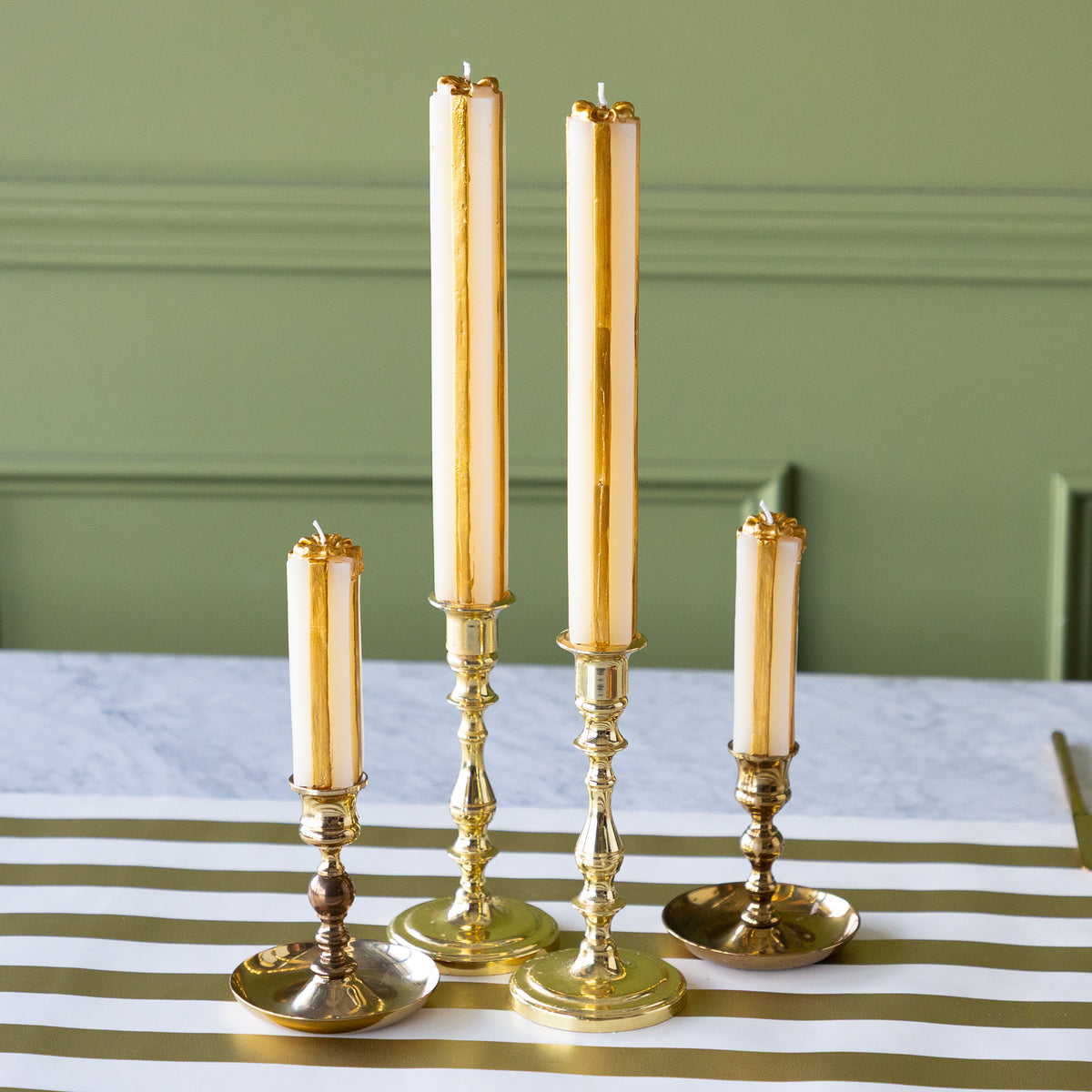 Unscented Cream &amp; Gold Present Shaped Taper Candles Set of 2