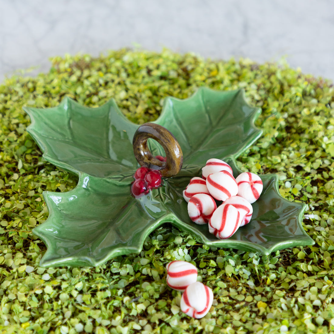 Ceramic Holly Leaf Shaped Sectioned Dish with Handle