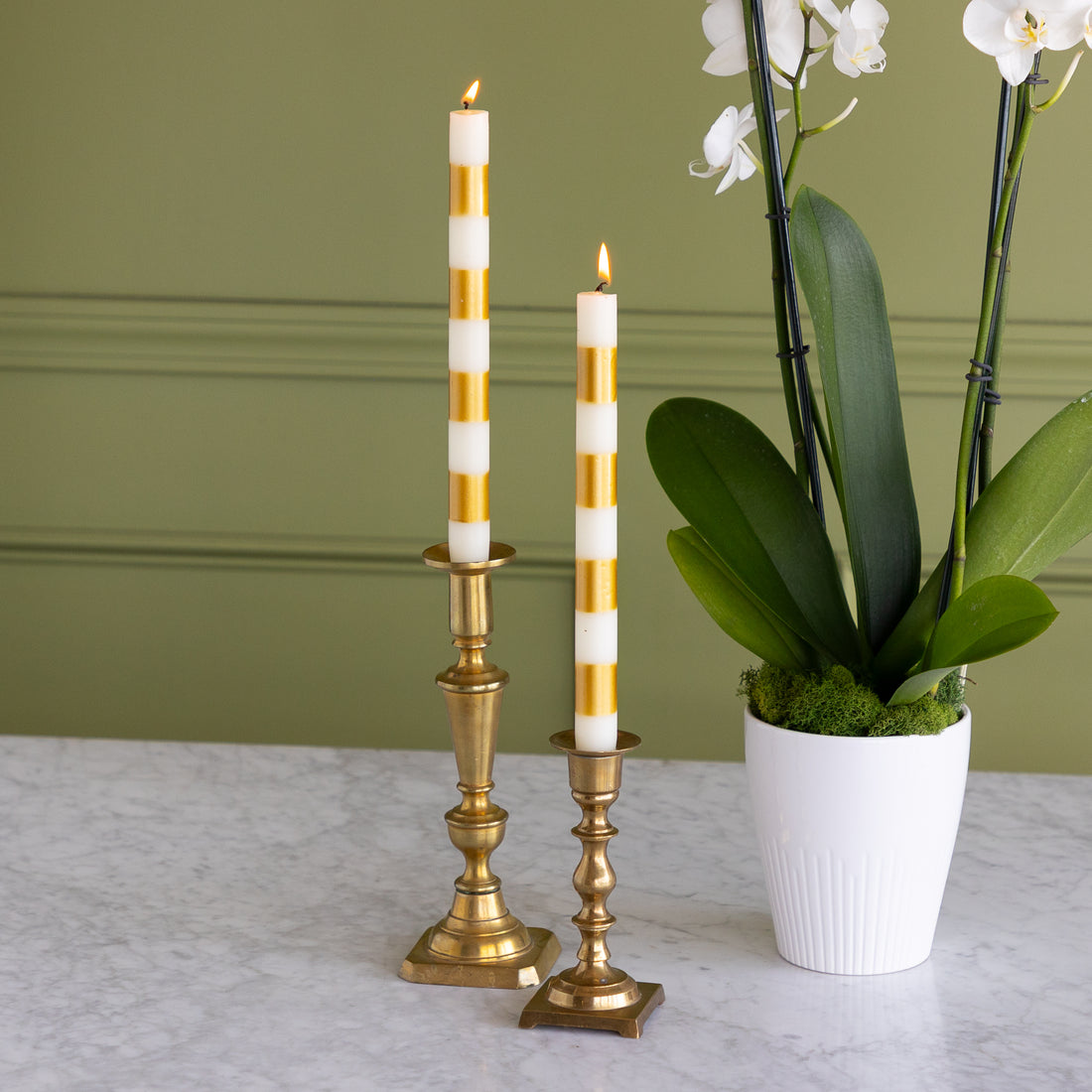 Cream &amp; Gold Striped Taper Candles, Set of 2