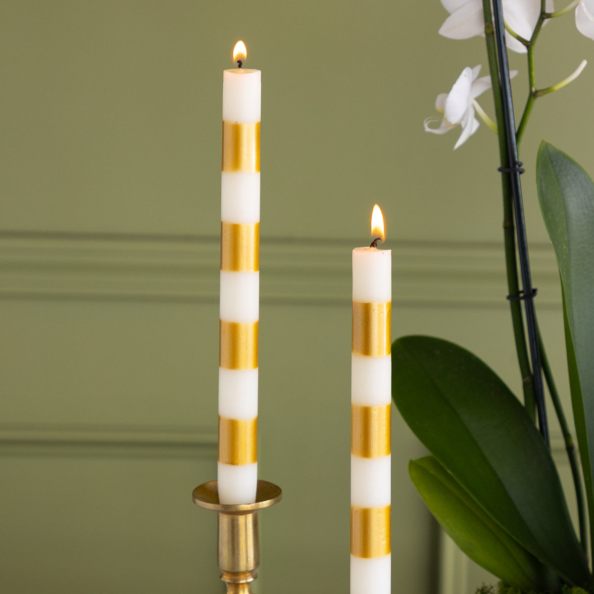 Cream &amp; Gold Striped Taper Candles, Set of 2