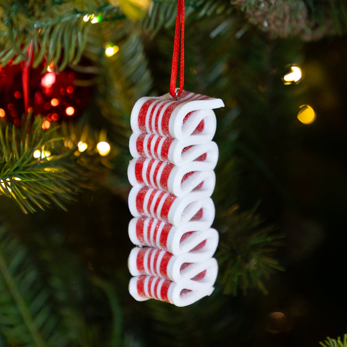 Clay Striped Ribbon Candy Ornament with Glitter