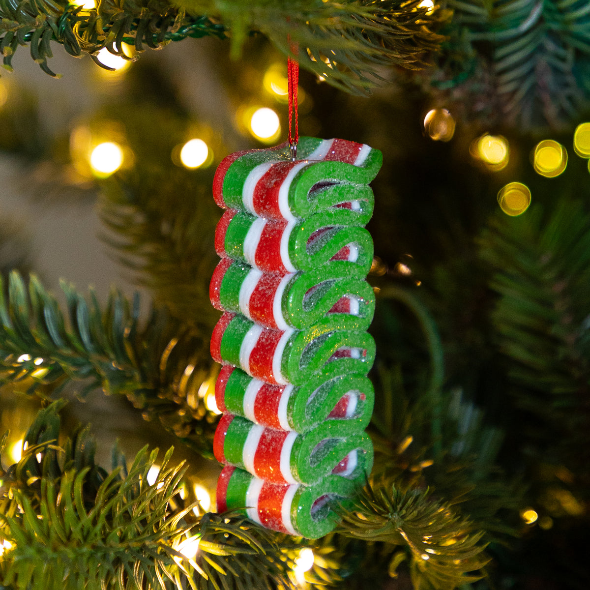 Clay Striped Ribbon Candy Ornament with Glitter