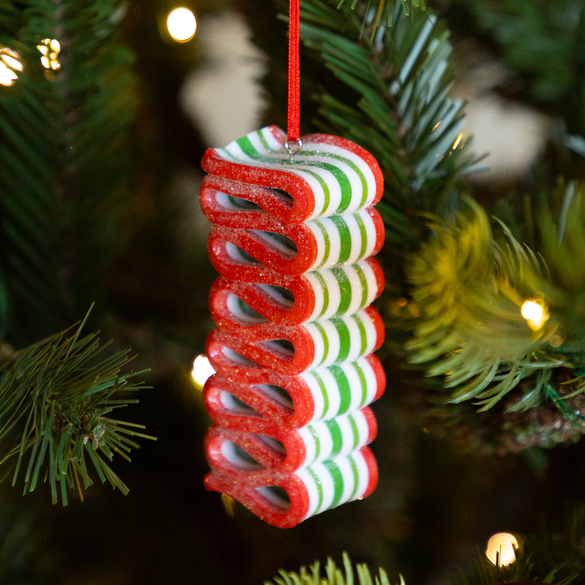 Clay Striped Ribbon Candy Ornament with Glitter