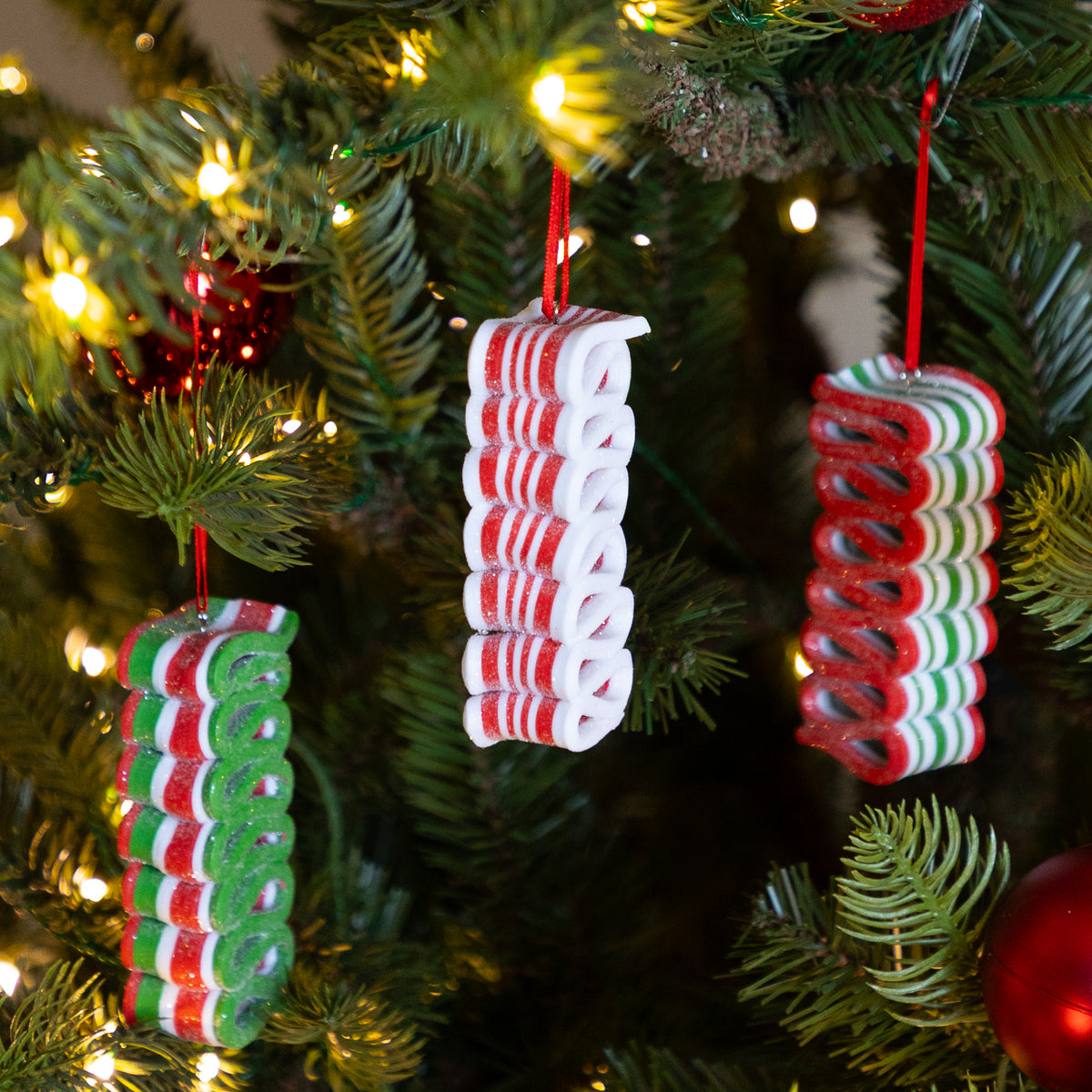 Clay Striped Ribbon Candy Ornament with Glitter