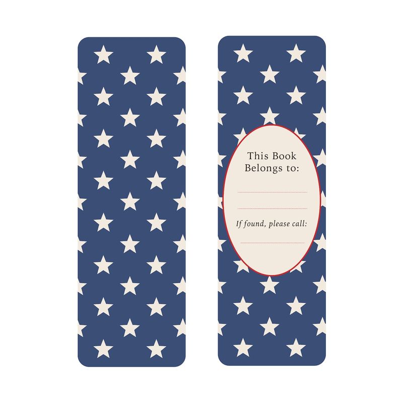 Front and back views of a bookmark with blue background and white star pattern, one side has a label for personalization.