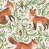 A square cocktail napkin featuring an illustrated pattern of foxes and birds with decorative foliage on a light background.
