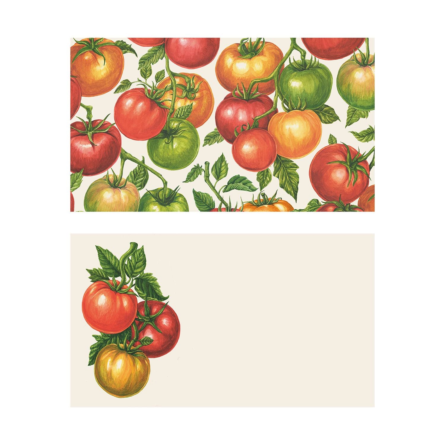 Two illustrated note card designs on a cream background. The top card features a vibrant, all-over pattern of ripe heirloom tomatoes in red, orange, yellow, and green hanging from fresh vines. The bottom card has a clean layout featuring a small vertical bunch of three tomatoes and green leaves tucked into the left-hand corner, leaving the rest of the card blank.