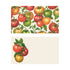Two illustrated note card designs on a cream background. The top card features a vibrant, all-over pattern of ripe heirloom tomatoes in red, orange, yellow, and green hanging from fresh vines. The bottom card has a clean layout featuring a small vertical bunch of three tomatoes and green leaves tucked into the left-hand corner, leaving the rest of the card blank.